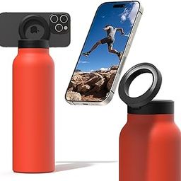 Ringo Insulated Water Bottle - Compatible MagSafe Water Bottle With Phone Holder - Stainless Steel Water Bottle With Magnetic Phone Tripod Mount - Hot 12H, Cold 24H, 360° Rotate - Orange 24oz-14