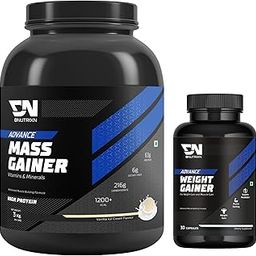 DNUTRIXN Advance Mass Gainer | High Protein with Digestive Enzyme & Multivitamin + Weight Gainer Capsules 30N | Combo Pack (3kg, Vanilla Ice-Cream)-image-2