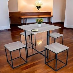 SHALIGRAM ARTS Iron Frame and Wooden Top 4 Seater Dining Table Sets with 4 Chair for Living Room || Metal Dining Room Sets 4 Seater with Chairs Home Dinner Table with Chair Furniture Set (Black)-image-18