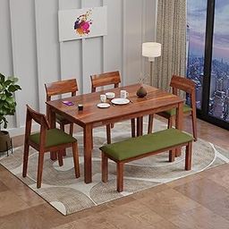 DRIFTINGWOOD Sheesham Wood 6-Seater Dining Table Set – Natural Honey Finish with Table, 4 Cushioned Chairs & Bench - Ideal for Kitchen & Living Room - Assembly Required-image-4