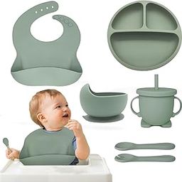 Deoxys Silicone Baby Feeding Set, Food Grade BPA Free Essentials for Toddler Kids, Weaning Supplies Include Baby Plates and Bowls Baby Bib Suction Divided Plates Soft Bowl Spoons Forks (Green)-picture-25