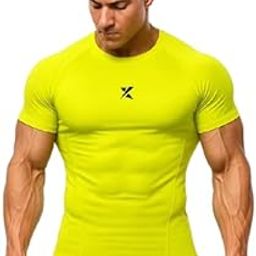 Gymx Men's Gym T-Shirt | Solid Muscle Fit Tees for Men | Sports T-Shirt for Men | Casual Regular Active Wear Tees | Half Sleeve & Round Neck | Armour Compression Tee - Neon Yellow (Nylon)-image-98