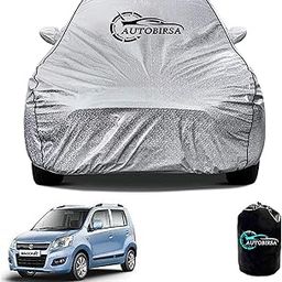 AUTOBIRSA Waterproof Car Body Cover for Maruti Wagonr with Mirror and Antenna Pocket and Soft Cotton Lining (4 Side Elastic Triple Stitched & Metallic Silver with Black Piping Style)-24