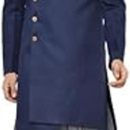 Men's Indo-Western Sherwani Dhoti Set, Blue Cotton Blend, Solid Dyed Regular Fit Mandarin Collar Long Sleeves-image-75