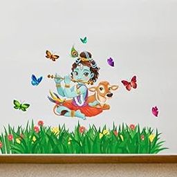 Rawpockets Lord Krishna Flute Singing With Cow And Butterfly Grass Decorative PVC Vinyl Wall Self-Adhesive Sticker (Wall Coverage Area - Height 75 Cms X Width 115 Cms)-image-9