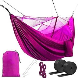 HACER Portable Outdoor Camping Hammock with Mosquito Net & Carabiner Nylon Windproof Hanging Swing for Hiking Backpacking - Pink-image-6