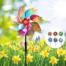 ELBME 6 PCS Windmill Bird Repeller,Double-Side Reflective Shiny Pinwheels Bird Repellent with Stakes,Garden Colorful Sparkly Pinwheel Decor,Bird Device Deterrent to Scare Birds Away from Patio Farm-image-64