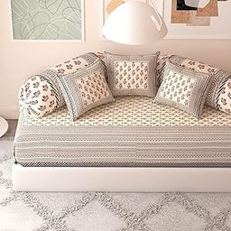 Blizz Mont by Jaipur Fabrics | Handblock Bagru Printed Diwan Set | Pure Cotton | Set Contains- 6 Pieces (1 Single Bedsheet, 2 Boster Covers, 3 Cushion Covers)- (Lining-1+2+3)-C1-15