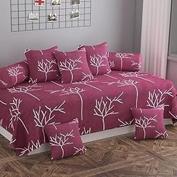 Premium Cotton Diwan Set 8 Piece|Deewan Mahrron Tree Printed Bedsheet Sets for Living Room Hall(Set of 8 Piece,1-Single Bed Sheet,2 Bolster Cover,5 Cushion Cover - Pack of 8 Pcs Set - Mahroon-image-1
