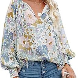 Womens Long Sleeve V Neck Casual Floral Leopard Printed Chiffon Blouses Tops T Shirts, J Blue, Medium-image-48