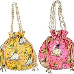 Kuber Industries Potli|Silk Wedding Potli|Wallet Potli|Christmas Gift Potli|Baby Shower Potli|Traditional Shagun Potli|Drawstring with Beads Handle Potli|Cow-Design Patli Potli|Pack of 2|Multi-image-40