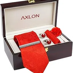 axlon Tie for Men – Dotted Silk Neck Ties Set with Cufflinks Flower Pin, Pocket Square & Black Gift Box, Combo Necktie Sets for Office Wear, Formal Suits & Weddings (Crimson Red, NXPLX_191)-picture-5