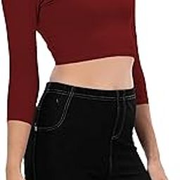 Women's Cotton Stretchable Western Stylish Scoop Neck 3/4 Sleeve with Back Scoop Flashy Basic Solid Crop Top for Women L676-picture-3