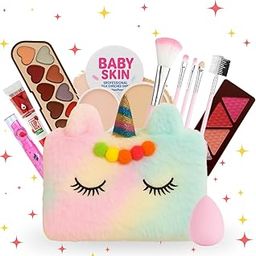 Real Makeup Kit for Girls & Teens – 14 PCS Safe & Washable Beauty Set with Unicorn Fur Bag – Non-Toxic Cosmetics for Ages 7–16 – Gift Set with Brushes, Lip Gloss, Blush & More-16