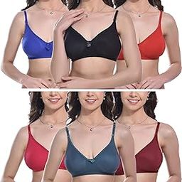 Women Cotton Blend Non-Padded Bra Non-Wired Mould Seamless Cup Solid Bras Cup-B Pack of 6, Multicolor-image-26