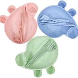 ARTLABEL Cute Cartoon Theme Eco-Friendly Wheat Straw Natural Bamboo Fibre Dinner Set for Kids, Toddlers & Babies1 Plate, 1 Spoon, 1 Fork and 2 Chopsticks (Cute Pig Plate Set)-image-82