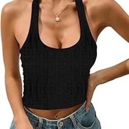 Women's Designer Blouse Backless Ribbed Knit Halter Neck | Slim Fit Sleeveless Strappy Workout Cami Tank Top Blouse for Girls L958-12
