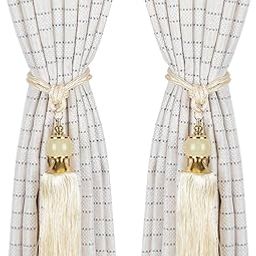 FURNISHINGKART Curtain Tieback, Curtain Tie Backs, Tassels with Color Ball Design, Braided Tassel Rope for Door and Window Curtains, 24 Inches Long, Set of 2, Cream-1