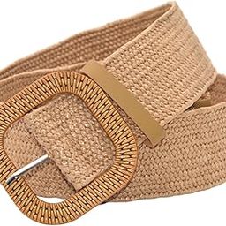 Stylish Wide Straw Woven Waist Belt Elastic Female Party Buckle Apricot-image-13