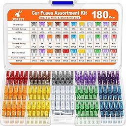 Jorest 180Pcs Car Fuses Assorted Kit, 60 Mini Blade + 60 Standard + 60 Micro Fuses (2A-40A), 11 Specifications, 3 Styles, Plastic & Zinc Alloy, OEM, Multiple Colors-0