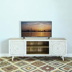 Rustic TV Stand Entertainment Unit, White Carved Door Panels, Open Shelving, 3 Compartments, Wooden Media Console-picture-13