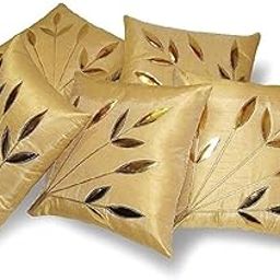 MONK MATTERS Golden Tree Leaves Design Poly Dupion Cushion Cover Size 16x16 Inches/40x40cms Fawn Color (Set of 5 Pcs)-image-25