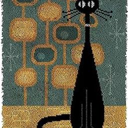 CZCRAOR Latch Hook Rug Kit for Adults DIY Crochet Yarn Kits with Color Printed Canvas Black Cat Pattern Rug Making Craft Embroidery Tapestry Set Home Decor Festival Gift 20.5''X14''-17
