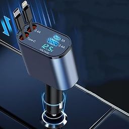 Retractable Car Charger - 4 in 1 Fast Car Phone Charger 120W, 2 Retractable Cables 31.5 Inch and 2 USB Ports,Compatible for iOS & Android Cell Phones All Device Charging, Blue-picture-15
