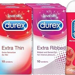 Durex Pleasure Packs (Condoms - 10 Count (Pack of 2, Extra Thin), Condoms - 10 Count (Pack of 2, Extra Ribbed), Pleasure Gel - 50 ml (Strawberry))-18