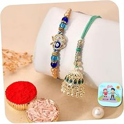 CraftVatika Bhaiya Bhabhi Rakhi Set | Handcrafted Evil Eye and Peacock Lumba Rakhis with Ritual Essentials | Traditional Raksha Bandhan Gift for Couple With Fridge Magnet (Set of 2)-4