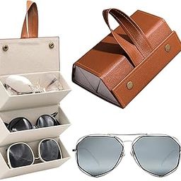 3 Slot Travel Sunglasses Organizer Case - PU Leather Hanging Foldable Eyeglasses Case Storage Box for Men Women - (Multicolor)-picture-30