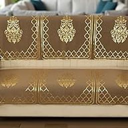 IVAZA Luxe Velvet Sofa Cover – Gold Foil Printed Royal Design | Elegant Decorative Sofa Cloth for Living Room | Premium Velvet Fabric | 3 Seater Brown-image-90