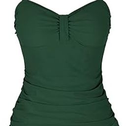Women's 50's Retro Ruched Tankini Swimsuit Top with Ruffle Hem Green 8-picture-5