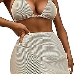 Women's 3 Piece Zebra Striped Bikini Swimsuit Set & Beach Skirt Set Bathing Suit, Khaki, X-Large-image-55