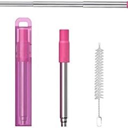 ANABGI Reusable Portable Metal Straws for Drinking, Telescopic Foldable Stainless-Steel Drinking Straw with Case and Cleaning Brush Carabiner for Coffee Juice Smoothie Milkshake, Easy to Clean (Pink)-picture-31
