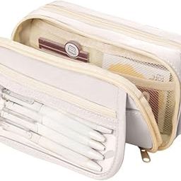 FINEMOE Large Capacity 9-Layer Canvas Pencil Pouch for Girls & Boys, Multipurpose Aesthetic Pouch for Stationery Items, Makeup, Accessories, College Essentials for Students, Gift for Kids (White)-30