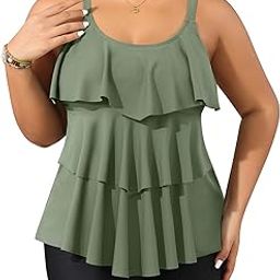 Womens Plus Size Tankini Swimsuits with Shorts Army Green Flounce Two Piece Bathing Suit Floral Printed Swimwear 18W-image-7