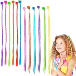 WEXUS Hair Extensions For Women Colourful Kid Hair Stylish Claw Clips Trendy Hair Streaks Braided kids Hair extensions with Clip Hair Strips For Girls Children Straight Colorful Extension, 12PC.-49