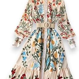 Women's Floral Printed Belted Maxi Dress, Long Sleeve, Front Button with Round-Neck, Long Dress for Women & Ladies- XL Cream-picture-25