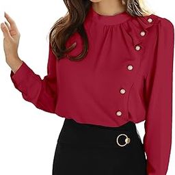 Style Women's Long Sleeve Blouse with Pearl Buttons and Ruffle Detail-54
