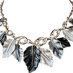 Big Leaf Design Statement Necklace, Black Grey and Pearl White Enamel, Gold-Toned Chain-image-72