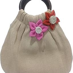 Women Handbags handcarfted Wooden handle hanging Flower Embellishment hand carry top handle artisan bags for women potli inspired (Pink, Orange, Brown)-40