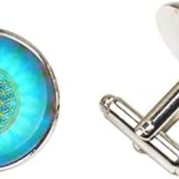 Cufflinks - Yoga Water Flower (Blue & Green) Cabochon Glass Hand Made Silver Plated, for Men & Women, Office Corporate & Party, in a Gift Box (1 Pair)-image-107