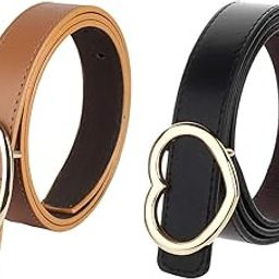Women's Leather Belts with Gold Buckle, Set of 2, Brown and Black-16