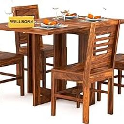 WELLBORN Solid Sheesham Wood 4 Seater Folding Dining Table with 4 Chair | Dining Set for Living Room | Hotel Restaurants Dining Set-image-35