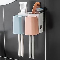 HOKIPO Plastic Magic Sticker Series Wall Mounted Toothbrush Holder Self Adhesive With Storage Compartments And Gargle Cups (New-3986), White-image-1