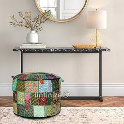 iinfinize Green 18 Inch Patchwork Round Pouf Pouffe Ottoman Cover Floor Seating Boho Khambadiya Footstool Pouf Cover Bohemian Accent Indian Handmade Bean Bag-image-7