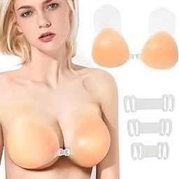 Popular Trend Women's Adhesive Invisible Strapless Bra, Silicone Backless Push Up Sticky Bra Sticky Reusable Stick On Nipple Covers Bra for A/B/C/D Cup (Free Size, Beige)-picture-30