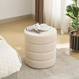 MYLAWOOD 16'' Vanity Stool Chair Modern Foot Rest Set of 2, Upholstered Small Round Foot Stools Boucle Pouf Ottoman with Padded Seat, Elevate Your Living Room Decor/Bed/Dorm, Sherpa White-image-90