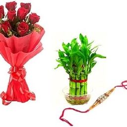 Floral Fantasy® Original Real Fresh Flower Bouquet For Rakhi Gift (Bunch Of 8 Red Roses in Red Paper Packing with one Rakhi and 2 layer Lucky Bamboo Plant)-image-11